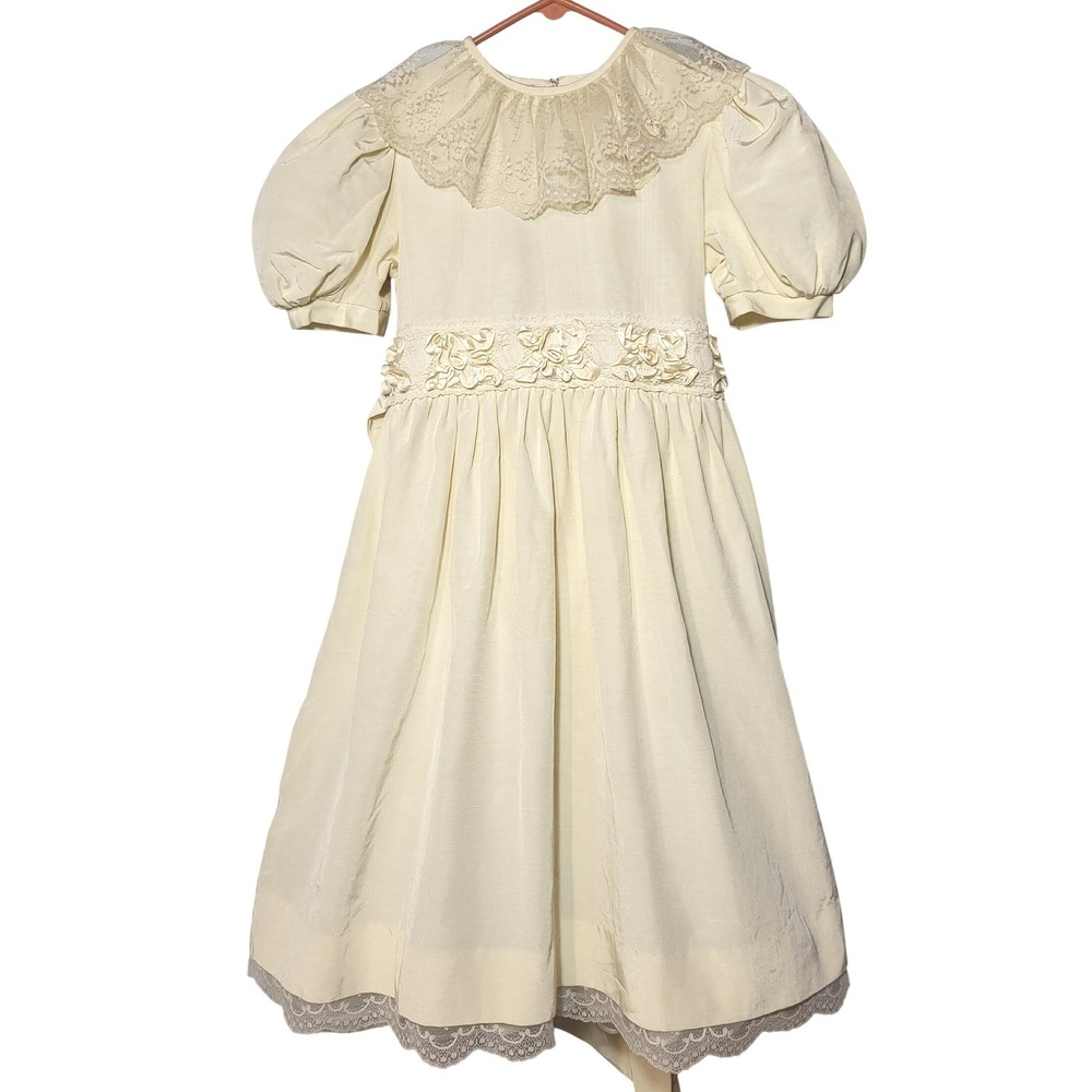 VTG Sylvia Whyte Girls Cream‎ Lace Puff Sleeve Taffeta Dress Size 12 Flower Girl